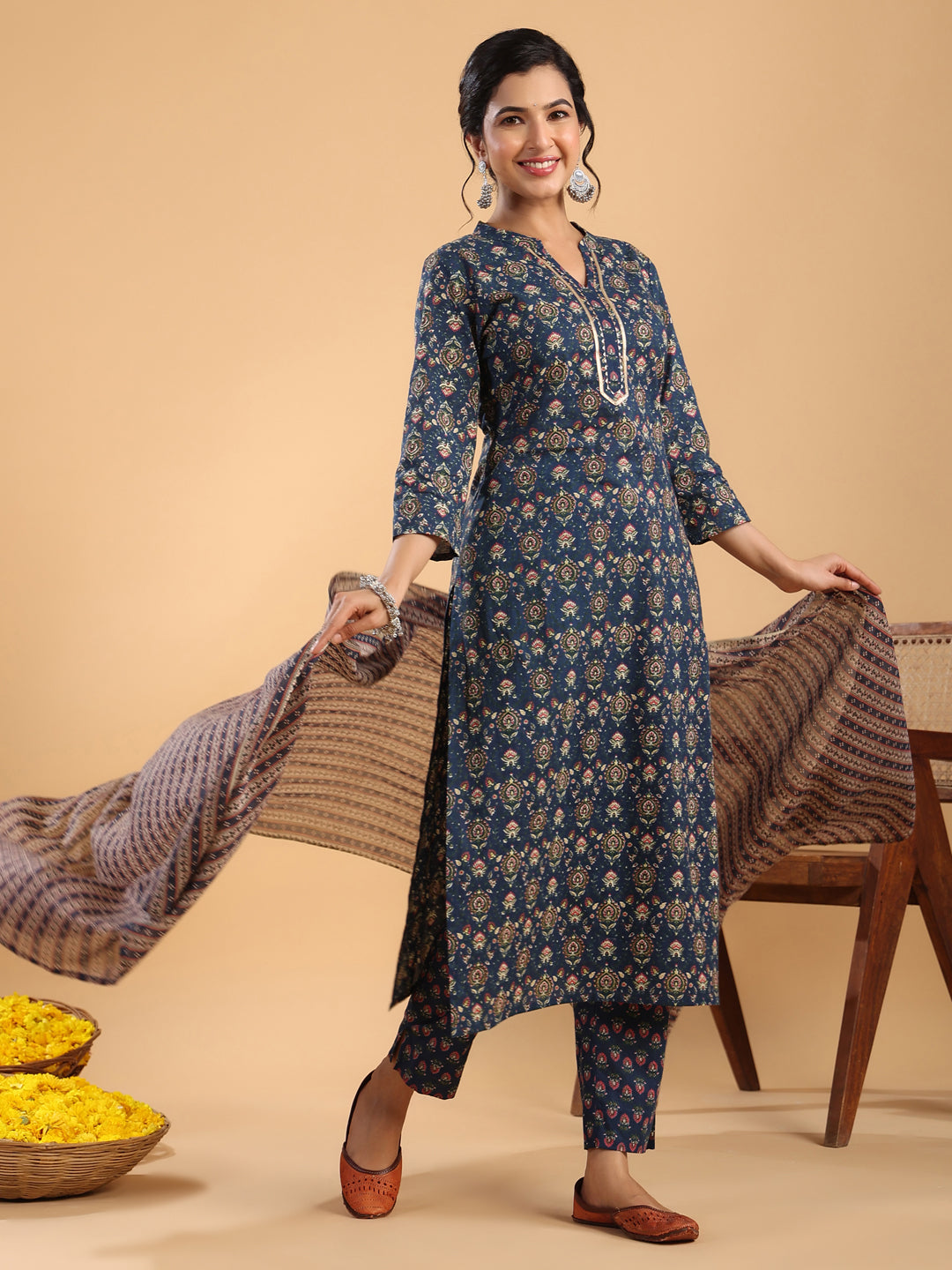 Janasya Straight Cambric Dark Blue Ethnic Motifs Band Collar Kurta,Bottom & Dupatta | Grocsy