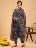 Janasya Straight Cambric Dark Blue Ethnic Motifs Band Collar Kurta,Bottom & Dupatta | Grocsy