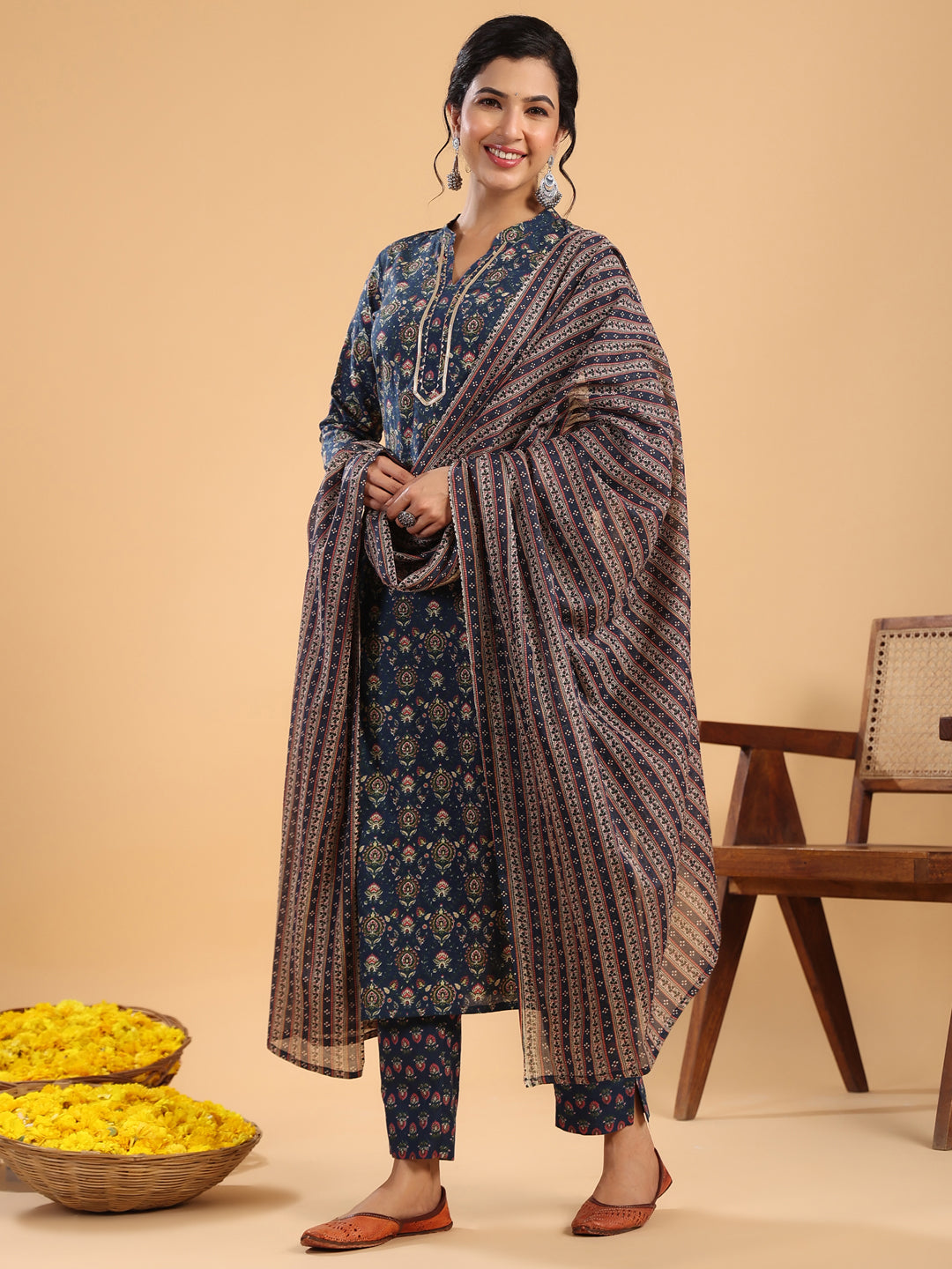 Janasya Straight Cambric Dark Blue Ethnic Motifs Band Collar Kurta,Bottom & Dupatta | Grocsy