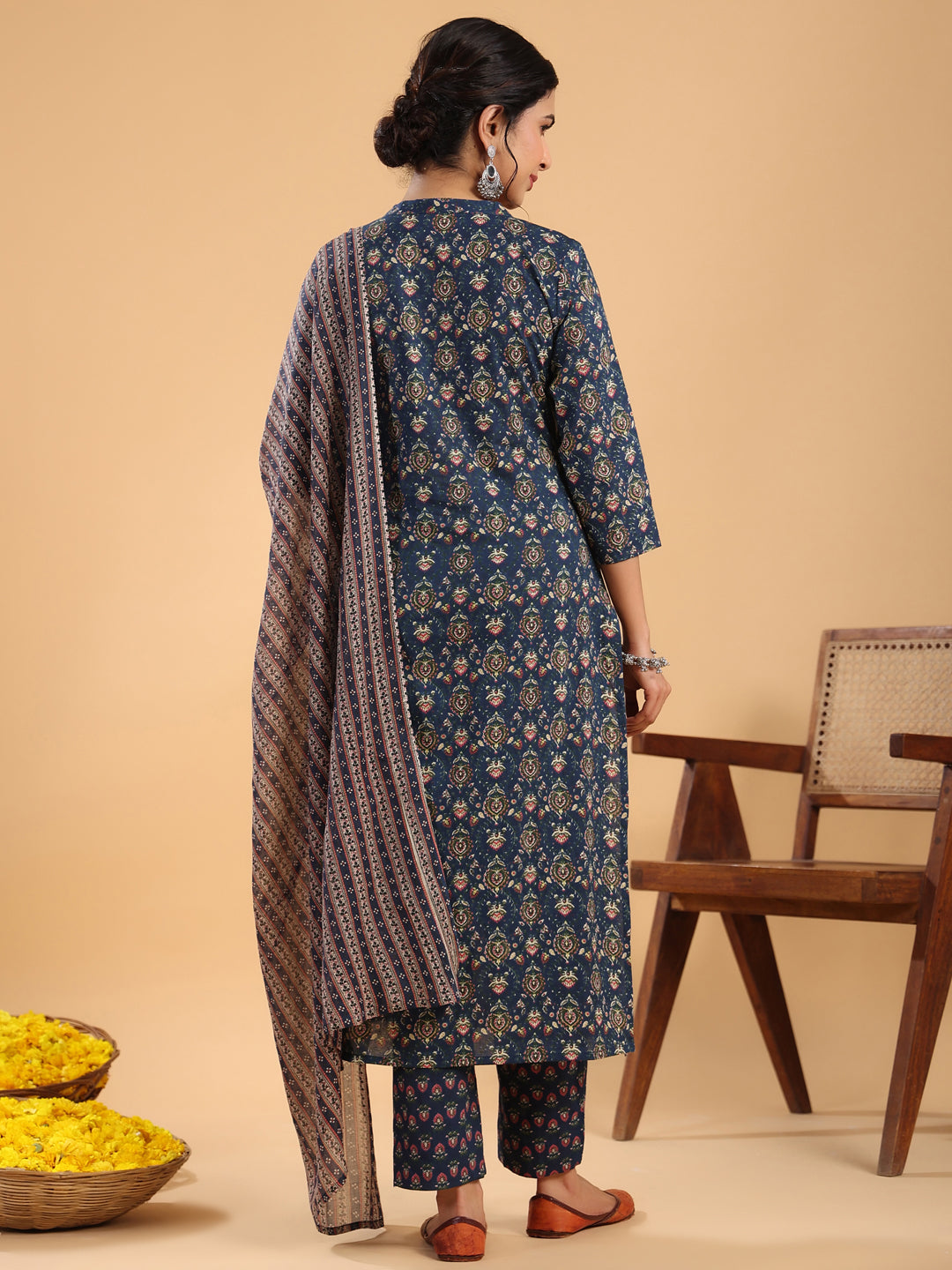 Janasya Straight Cambric Dark Blue Ethnic Motifs Band Collar Kurta,Bottom & Dupatta | Grocsy