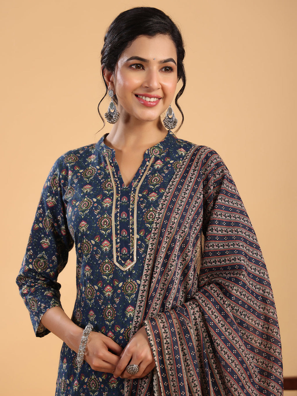 Janasya Straight Cambric Dark Blue Ethnic Motifs Band Collar Kurta,Bottom & Dupatta | Grocsy