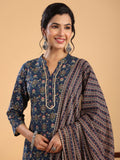Janasya Dark Cotton Ethnic Motifs Straight Kurta Set | Grocsy