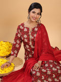 Janasya Regular Cambric Maroon Striped Notch Neck Set | Grocsy