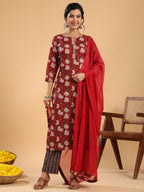 Janasya Regular Cambric Maroon Striped Notch Neck Set | Grocsy