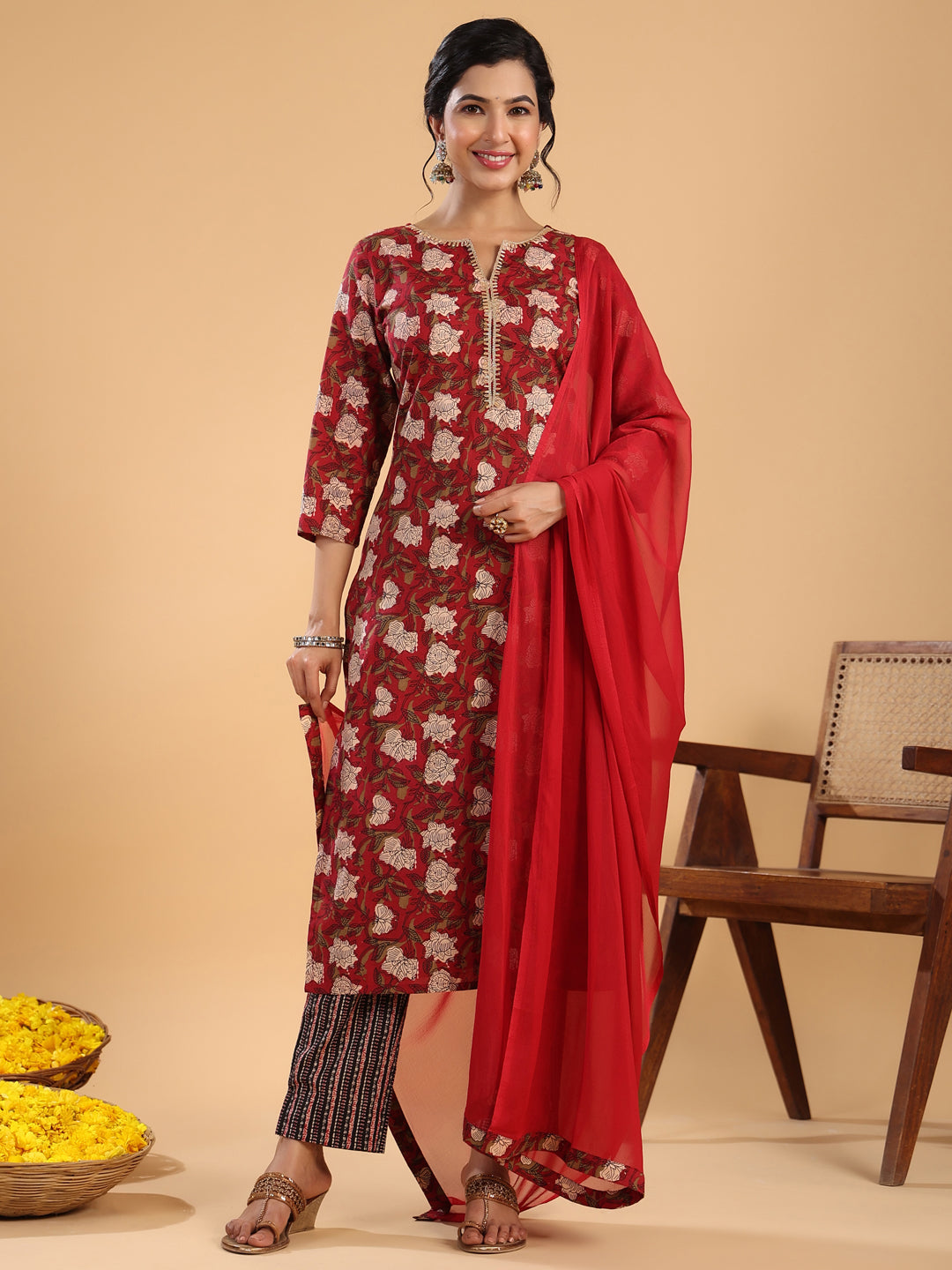 Janasya Regular Cambric Maroon Striped Notch Neck Set | Grocsy