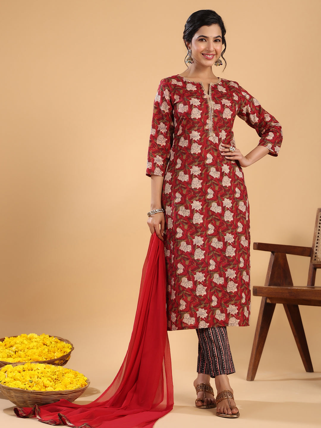 Janasya Regular Cambric Maroon Striped Notch Neck Set | Grocsy