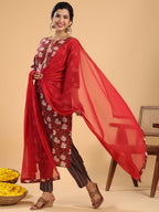 Janasya Regular Cambric Maroon Striped Notch Neck Set | Grocsy