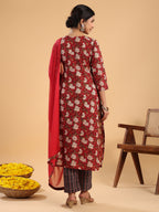 Janasya Regular Cambric Maroon Striped Notch Neck Set | Grocsy