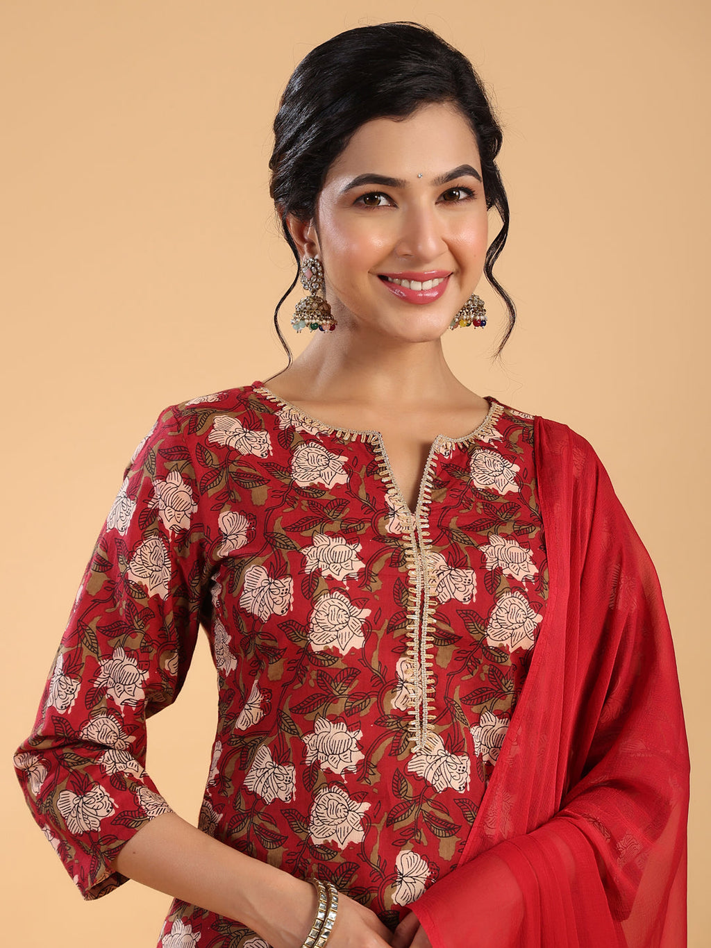 Janasya Regular Cambric Maroon Striped Notch Neck Set | Grocsy