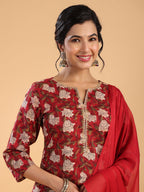 Janasya Regular Cambric Maroon Striped Notch Neck Set | Grocsy