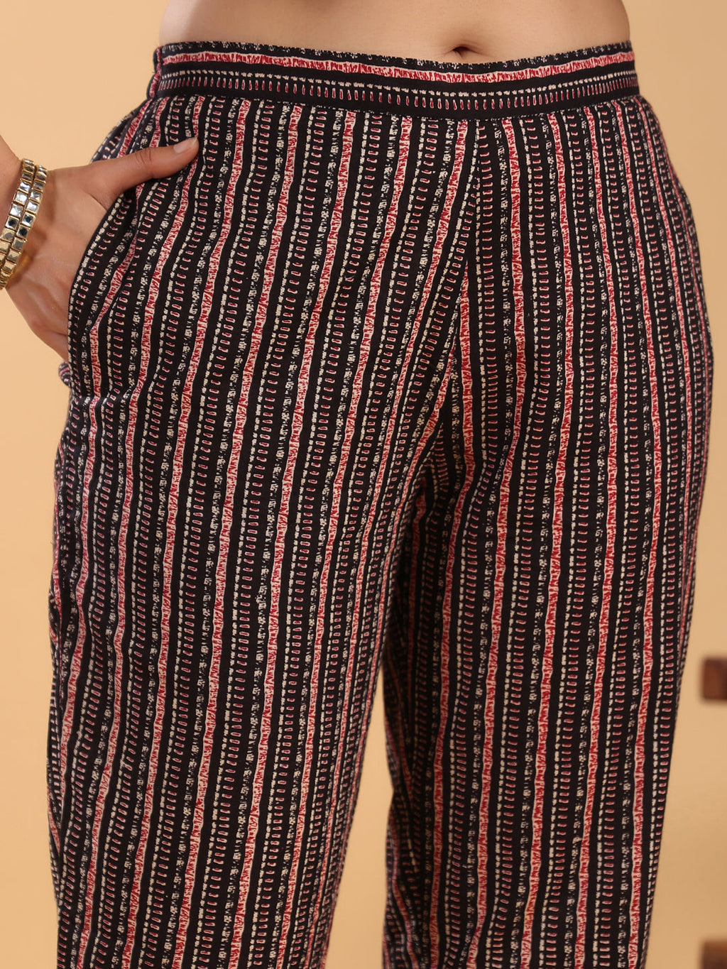 Janasya Regular Cambric Maroon Striped Notch Neck Set | Grocsy
