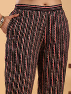 Janasya Regular Cambric Maroon Striped Notch Neck Set | Grocsy
