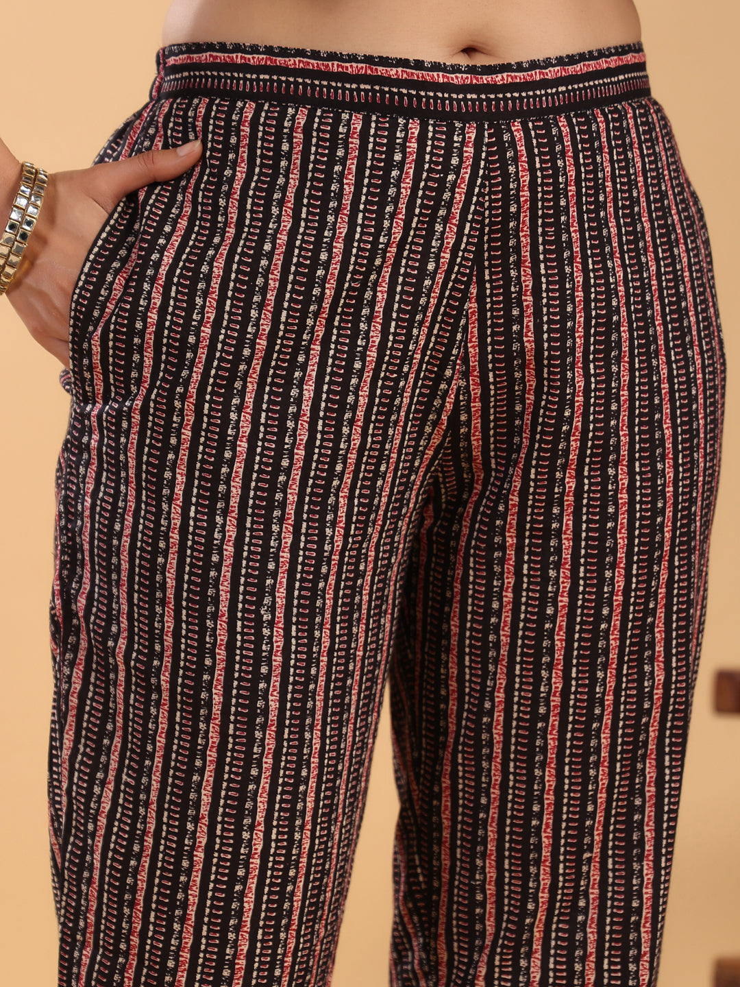 Janasya Regular Cambric Maroon Striped Notch Neck Set | Grocsy