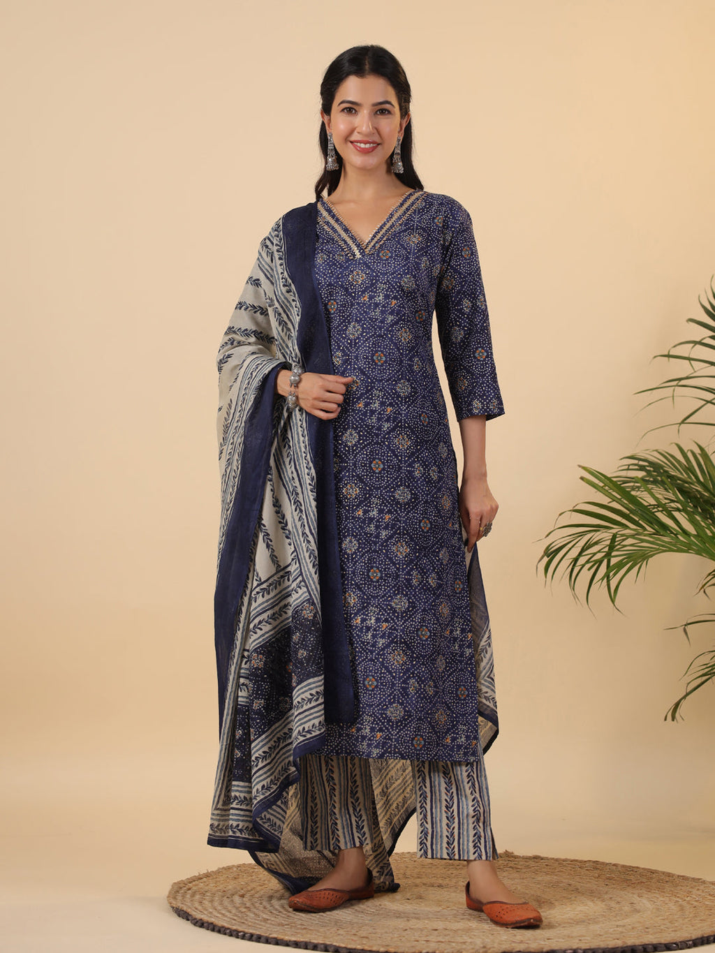 Janasya Straight Cambric Dark Blue Bandhani V-Neck with Band Collar Kurta Set | Grocsy