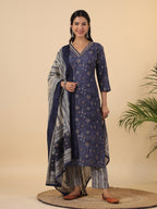 Janasya Straight Cambric Dark Blue Bandhani V-Neck with Band Collar Kurta Set | Grocsy
