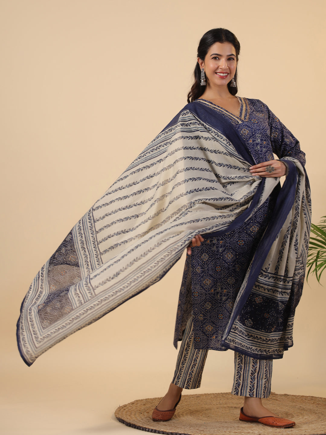 Janasya Straight Cambric Dark Blue Bandhani V-Neck with Band Collar Kurta Set | Grocsy