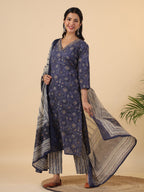 Janasya Straight Cambric Dark Blue Bandhani V-Neck with Band Collar Kurta Set | Grocsy