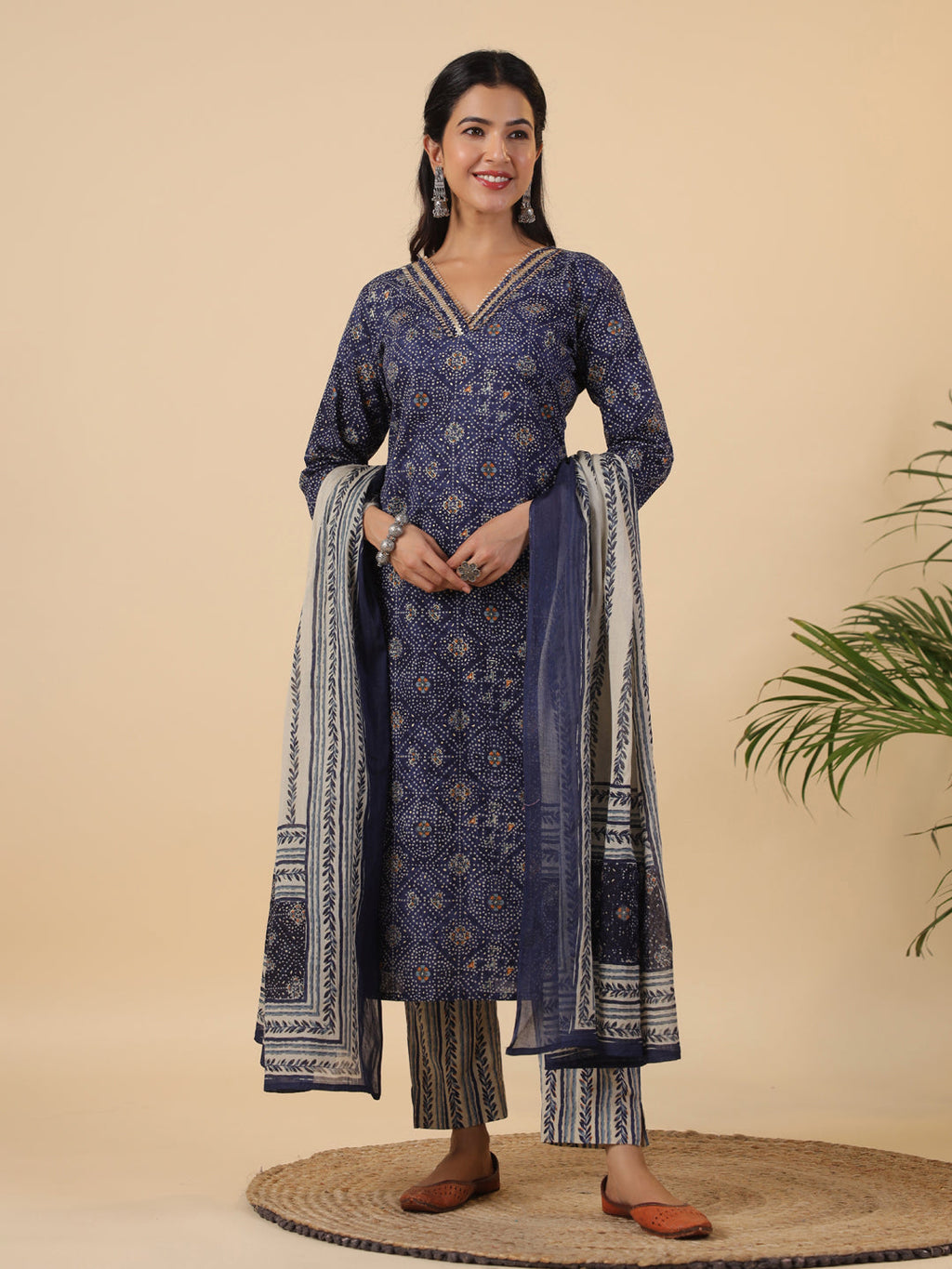 Janasya Straight Cambric Dark Blue Bandhani V-Neck with Band Collar Kurta Set | Grocsy