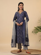 Janasya Straight Cambric Dark Blue Bandhani V-Neck with Band Collar Kurta Set | Grocsy