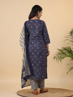 Janasya Straight Cambric Dark Blue Bandhani V-Neck with Band Collar Kurta Set | Grocsy