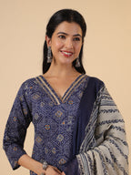 Janasya Straight Cambric Dark Blue Bandhani V-Neck with Band Collar Kurta Set | Grocsy