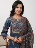 Janasya Regular Cambric Indigo Floral Notch Neck Kurta Set | Grocsy