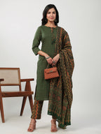 Janasya Straight Cambric Green Ethnic Motifs Notch Neck Set | Grocsy