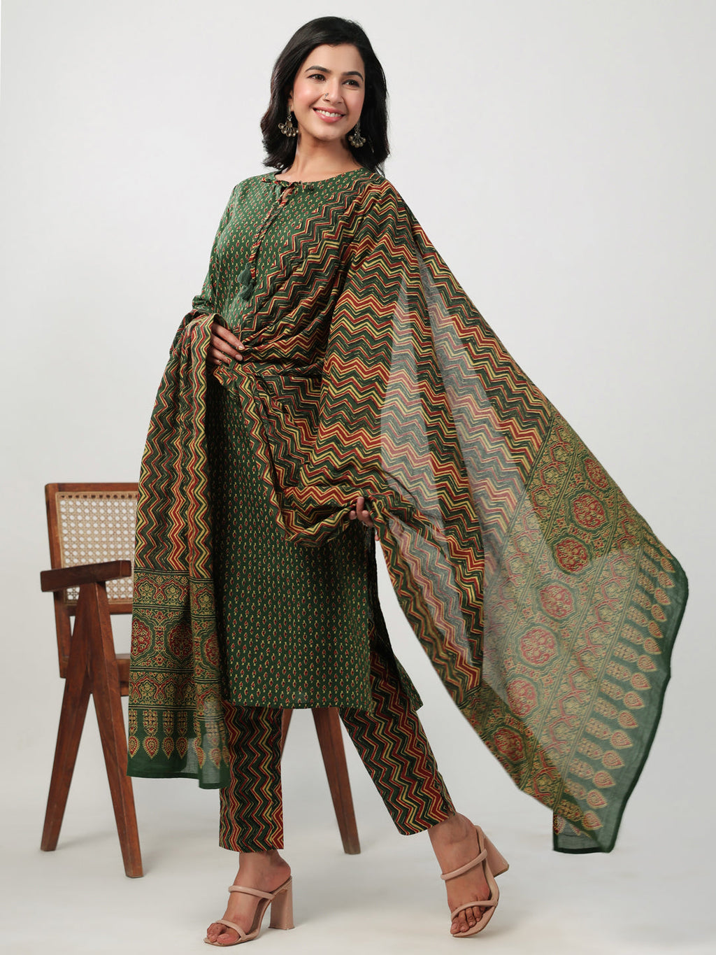 Janasya Straight Cambric Green Ethnic Motifs Notch Neck Set | Grocsy