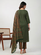 Janasya Straight Cambric Green Ethnic Motifs Notch Neck Set | Grocsy