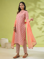 Janasya Straight Cambric Peach Floral Band Collar Set | Grocsy