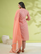 Janasya Straight Cambric Peach Floral Band Collar Set | Grocsy