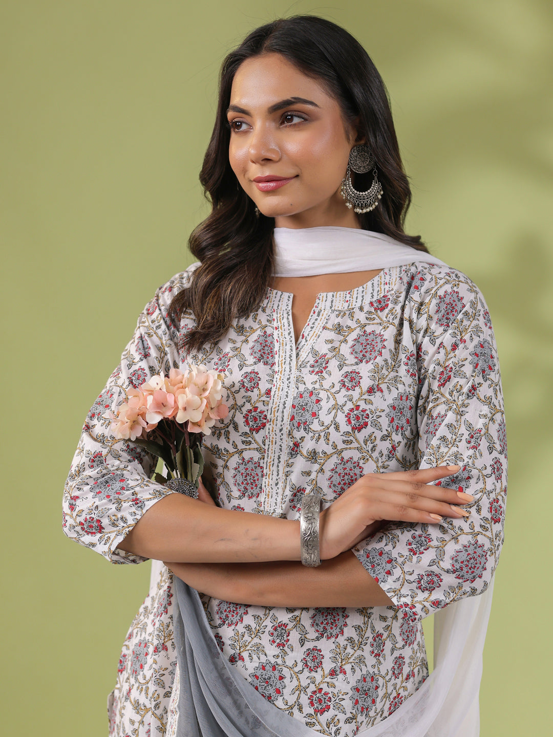 Janasya Regular Cambric White Floral Notch Neck Set | Grocsy