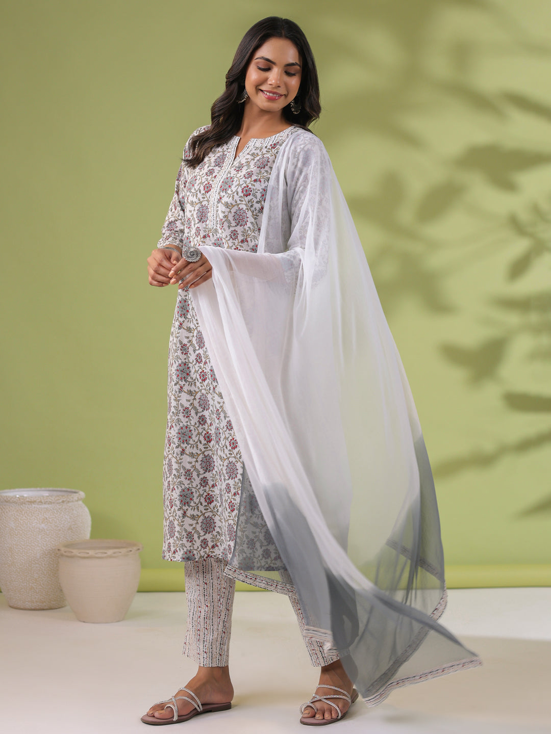 Janasya Regular Cambric White Floral Notch Neck Set | Grocsy