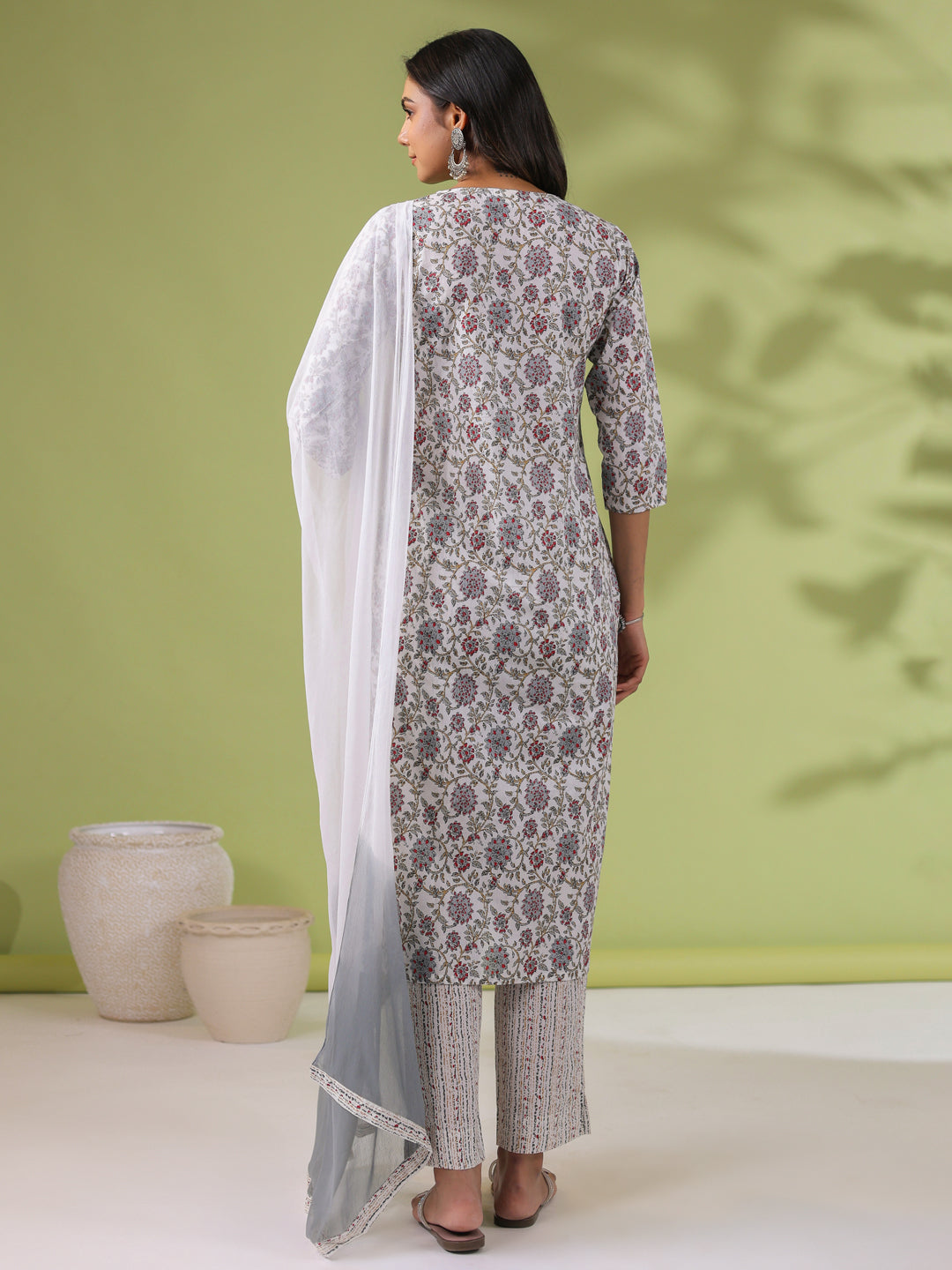Janasya Regular Cambric White Floral Notch Neck Set | Grocsy