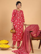 Janasya Straight Cambric Pink Floral Round Neck Set | Grocsy