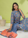 Janasya Straight Cambric Blue Floral Band Collar Kurta Set | Grocsy