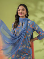 Janasya Straight Cambric Blue Floral Band Collar Kurta Set | Grocsy