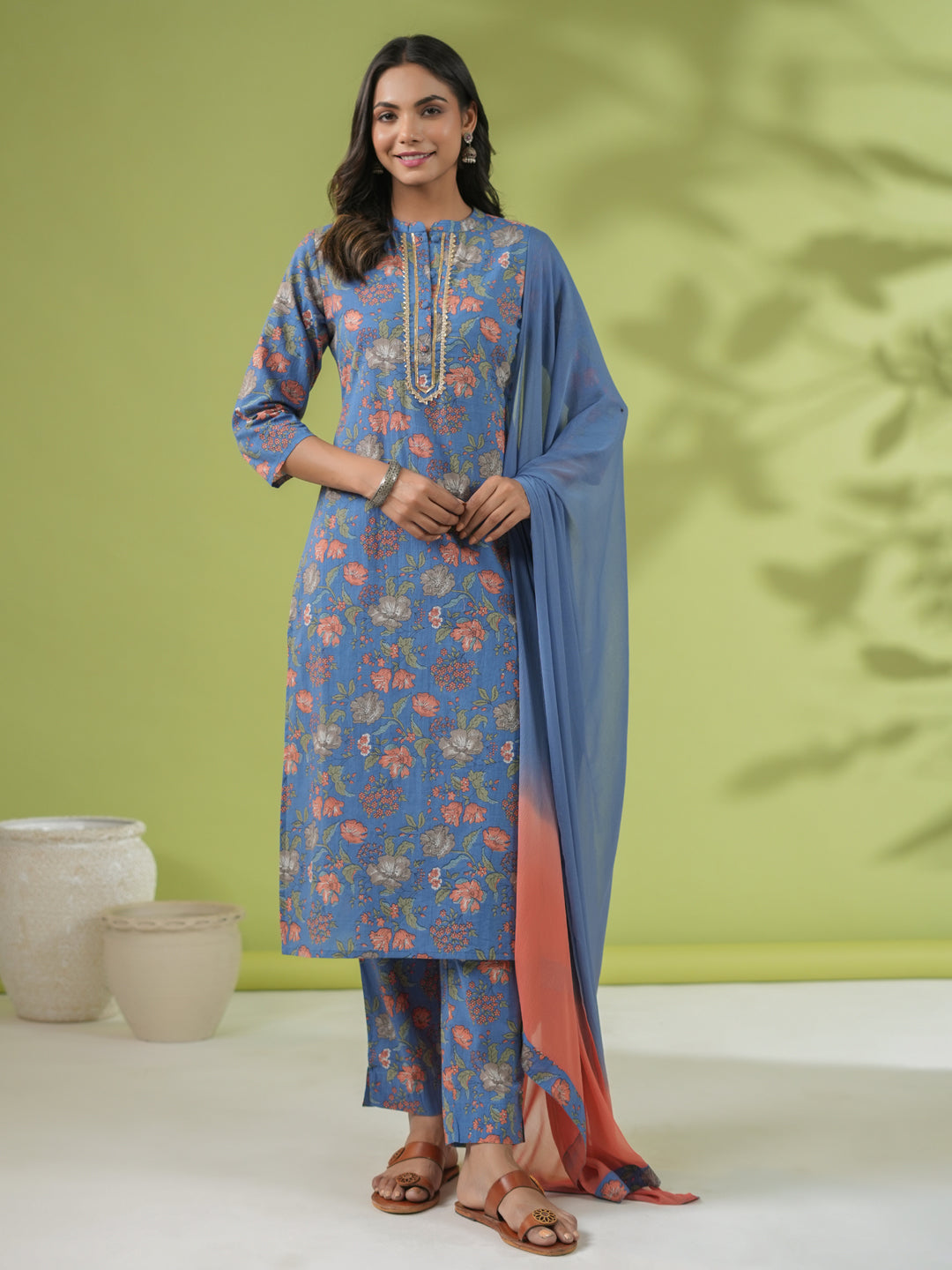 Janasya Straight Cambric Blue Floral Band Collar Kurta Set | Grocsy