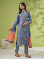 Janasya Straight Cambric Blue Floral Band Collar Kurta Set | Grocsy