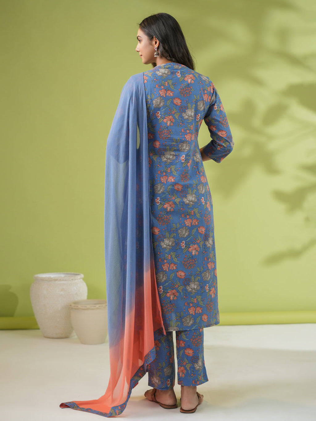 Janasya Straight Cambric Blue Floral Band Collar Kurta Set | Grocsy
