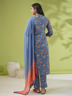 Janasya Straight Cambric Blue Floral Band Collar Kurta Set | Grocsy