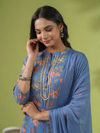 Janasya Straight Cambric Blue Floral Band Collar Kurta Set | Grocsy
