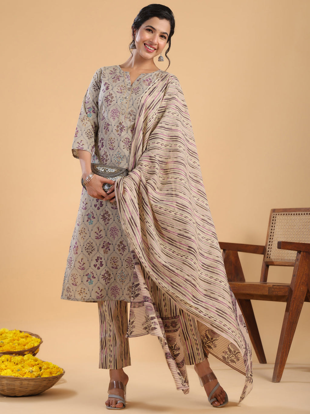 Janasya Regular Cotton Cream Floral Notch Neck Kurta,Bottom & Dupatta | Grocsy