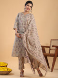 Janasya Regular Cotton Cream Floral Notch Neck Kurta,Bottom & Dupatta | Grocsy