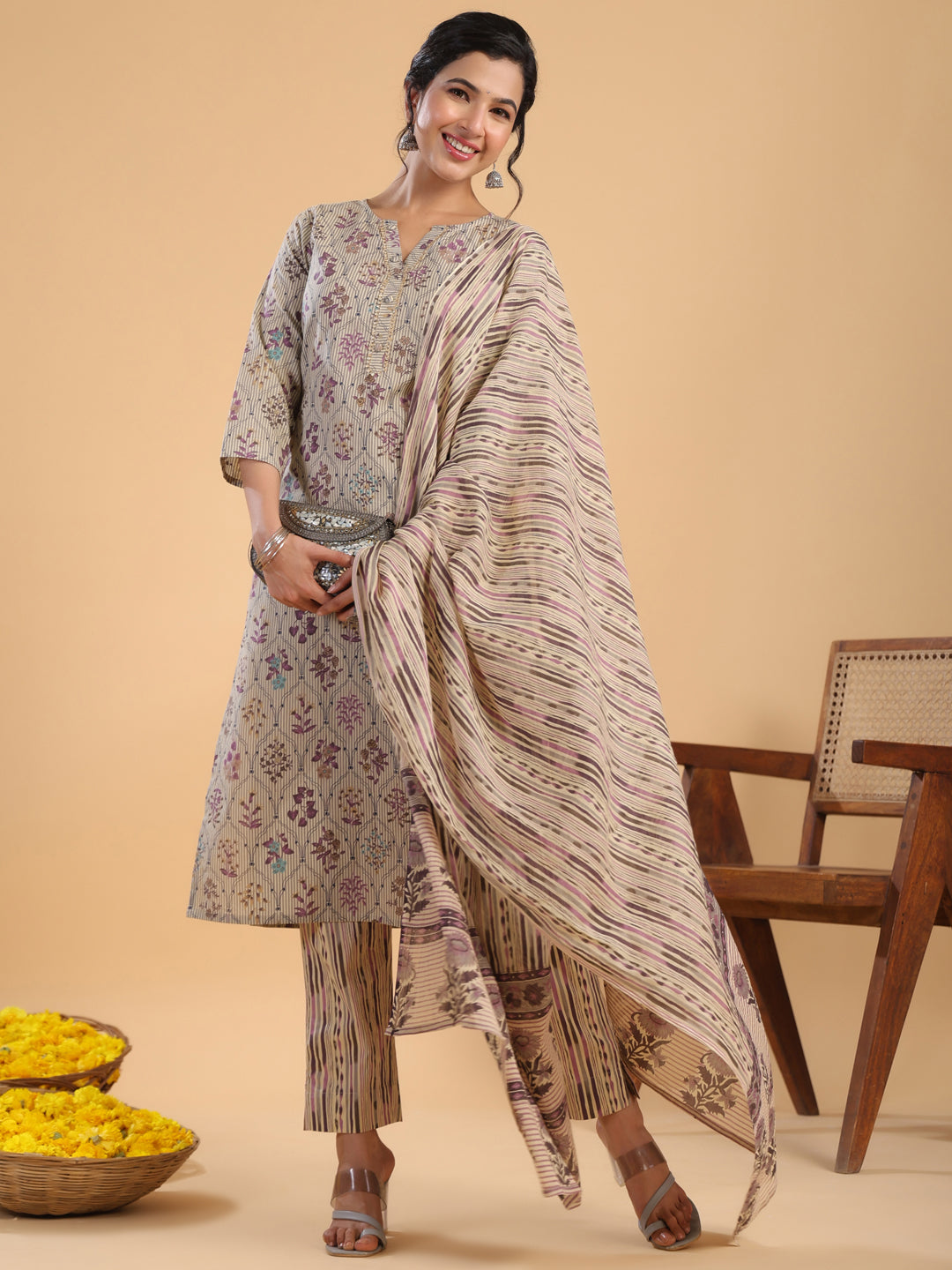 Janasya Regular Cotton Cream Floral Notch Neck Kurta,Bottom & Dupatta | Grocsy