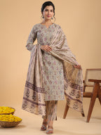Janasya Regular Cotton Cream Floral Notch Neck Kurta,Bottom & Dupatta | Grocsy