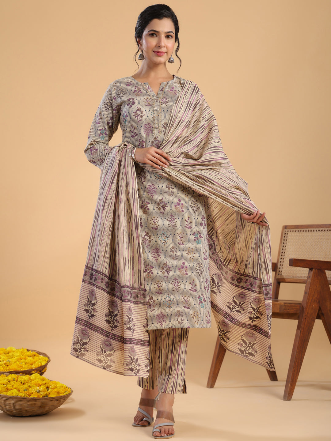 Janasya Regular Cotton Cream Floral Notch Neck Kurta,Bottom & Dupatta | Grocsy