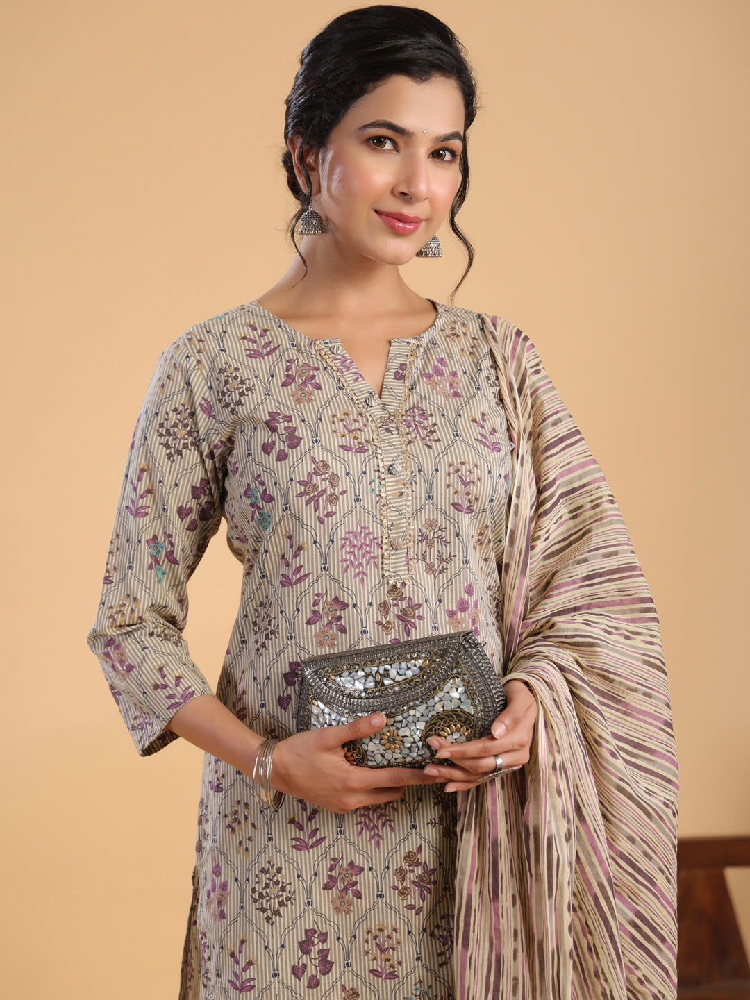 Janasya Regular Cotton Cream Floral Notch Neck Kurta,Bottom & Dupatta | Grocsy