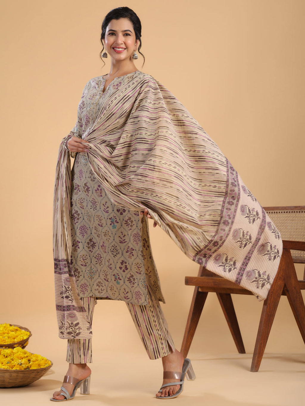 Janasya Regular Cotton Cream Floral Notch Neck Kurta,Bottom & Dupatta | Grocsy