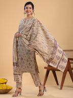 Janasya Regular Cotton Cream Floral Notch Neck Kurta,Bottom & Dupatta | Grocsy